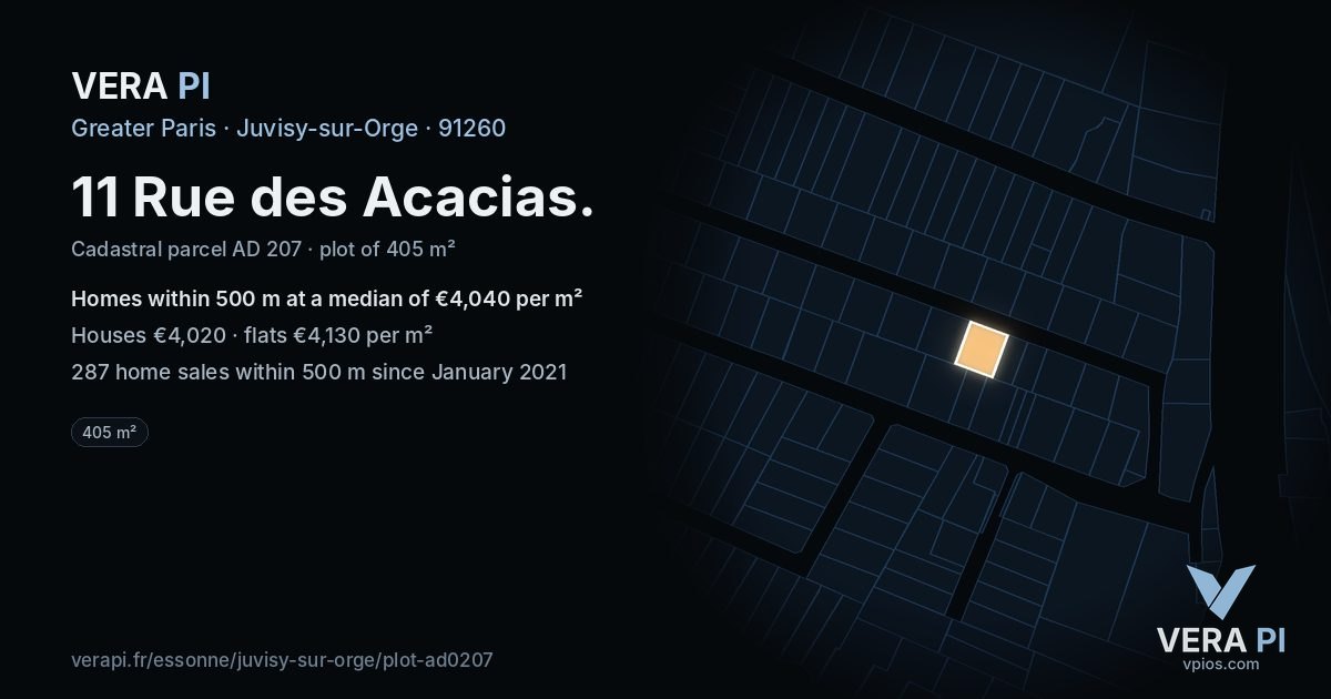 11 Rue des Acacias, Juvisy-sur-Orge at night – the plot lit, the parcels around coloured by the prices near them