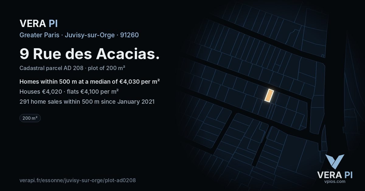 9 Rue des Acacias, Juvisy-sur-Orge at night – the plot lit, the parcels around coloured by the prices near them