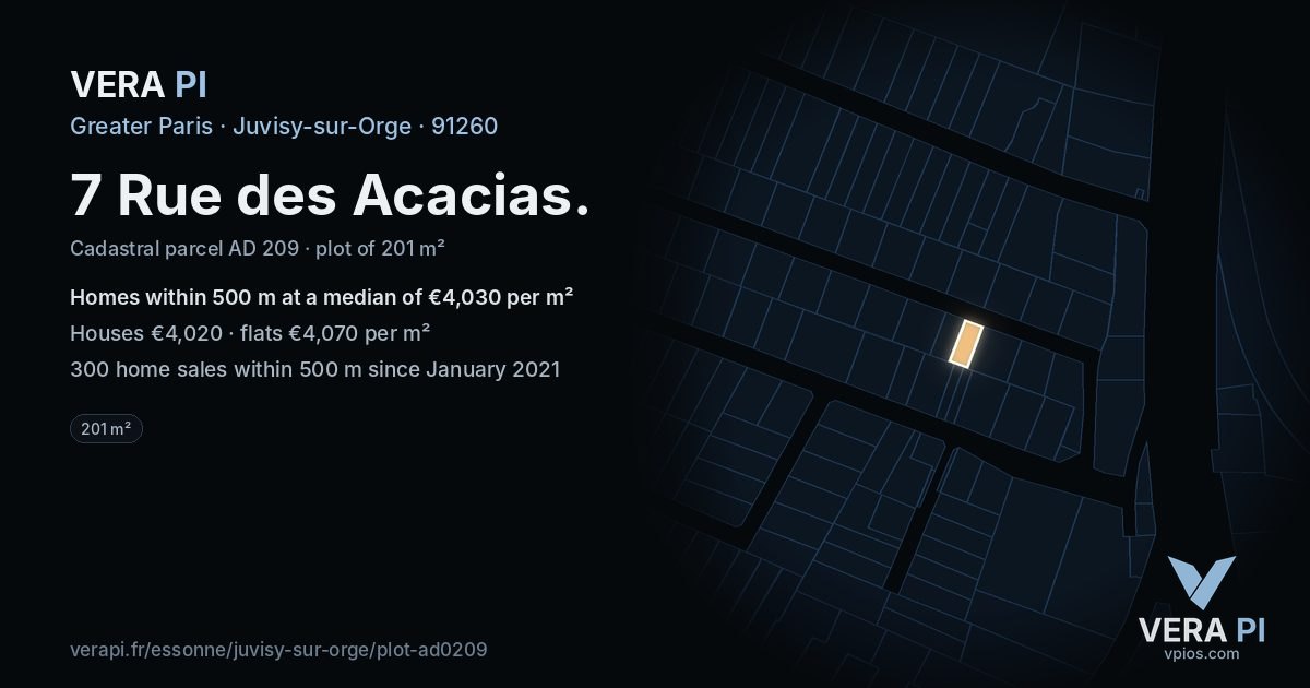 7 Rue des Acacias, Juvisy-sur-Orge at night – the plot lit, the parcels around coloured by the prices near them