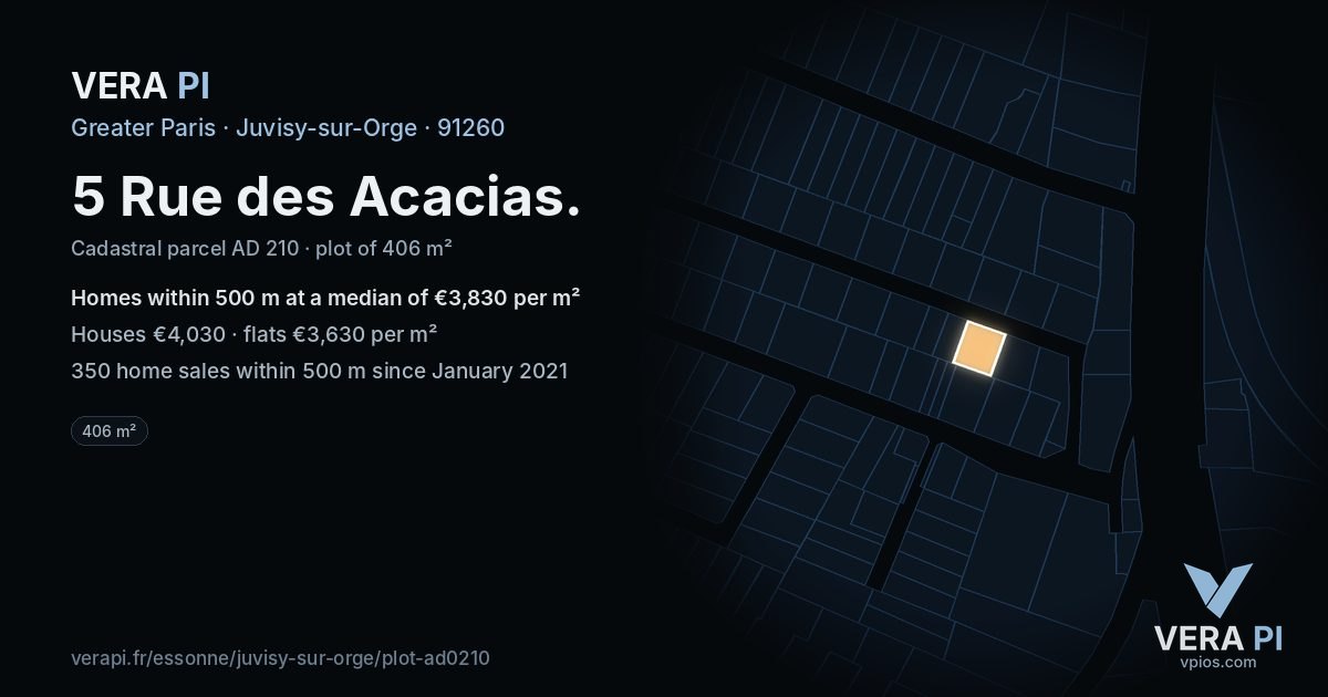 5 Rue des Acacias, Juvisy-sur-Orge at night – the plot lit, the parcels around coloured by the prices near them