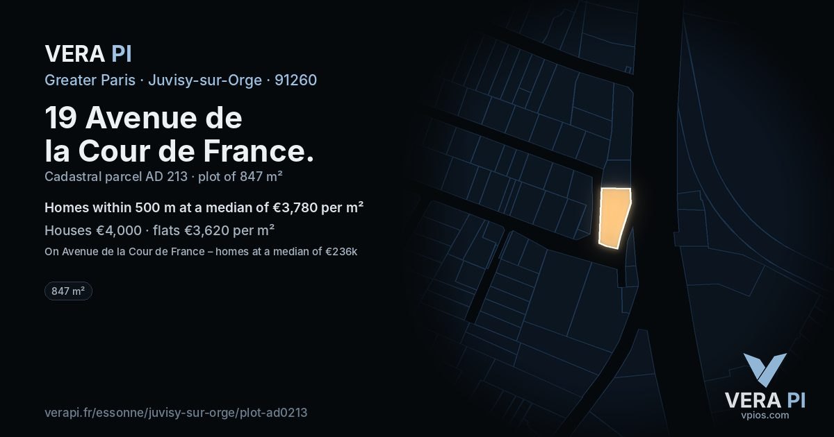 19 Avenue de la Cour de France, Juvisy-sur-Orge at night – the plot lit, the parcels around coloured by the prices near them