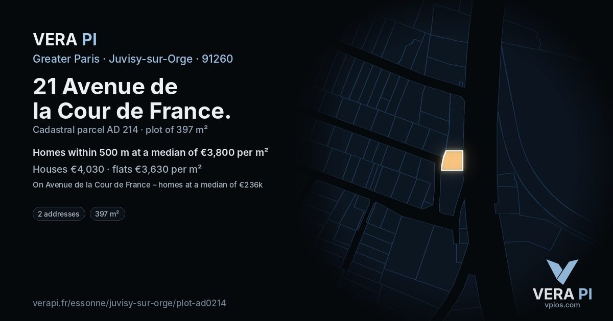 21 Avenue de la Cour de France, Juvisy-sur-Orge at night – the plot lit, the parcels around coloured by the prices near them