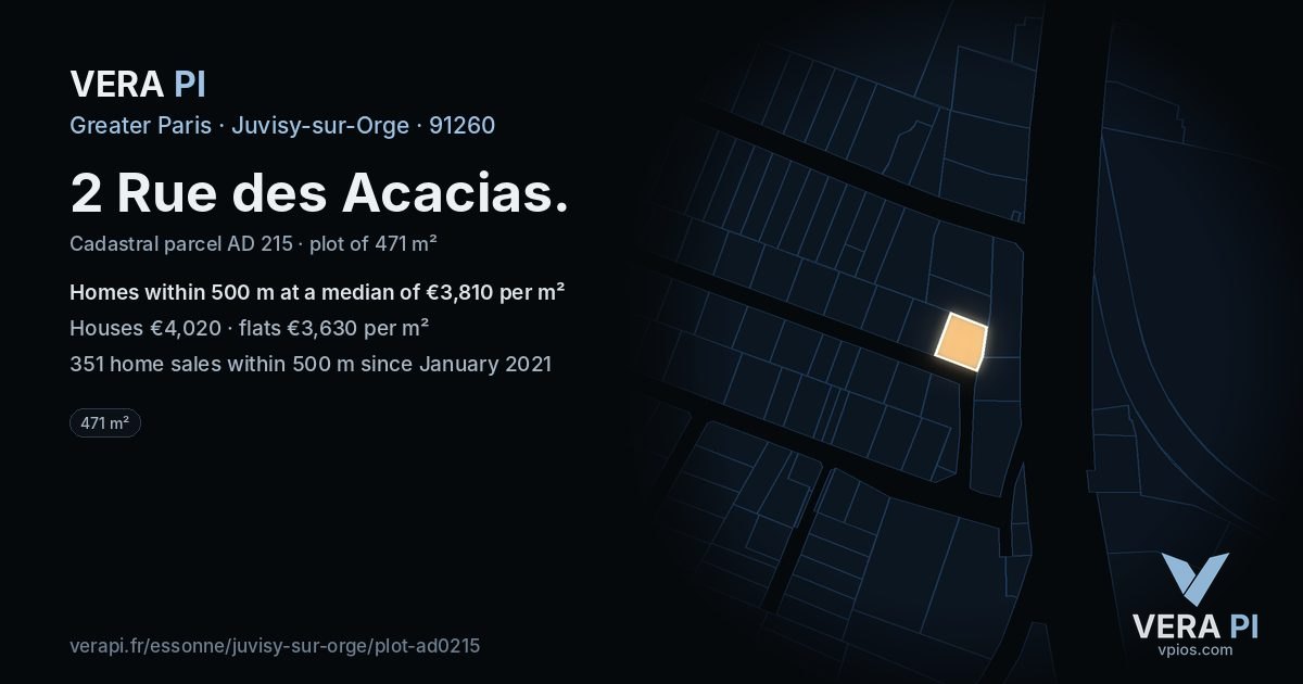 2 Rue des Acacias, Juvisy-sur-Orge at night – the plot lit, the parcels around coloured by the prices near them