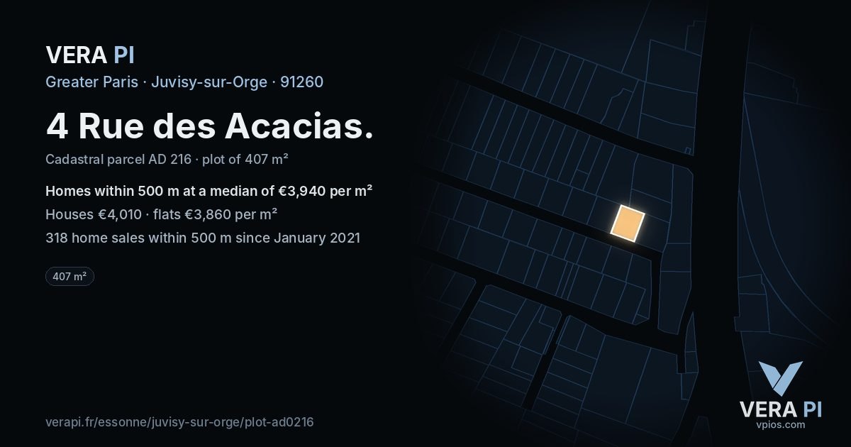 4 Rue des Acacias, Juvisy-sur-Orge at night – the plot lit, the parcels around coloured by the prices near them