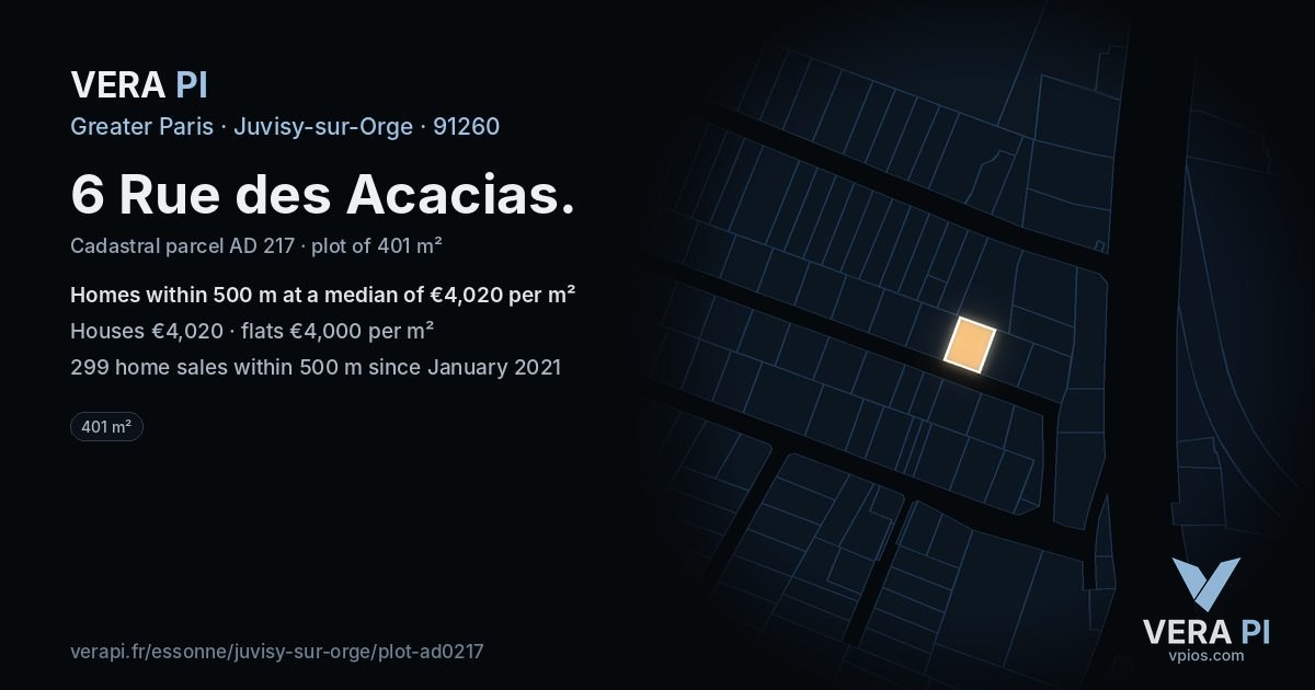 6 Rue des Acacias, Juvisy-sur-Orge at night – the plot lit, the parcels around coloured by the prices near them