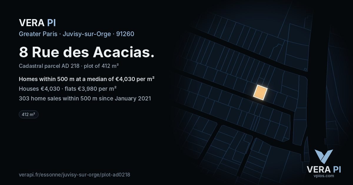 8 Rue des Acacias, Juvisy-sur-Orge at night – the plot lit, the parcels around coloured by the prices near them