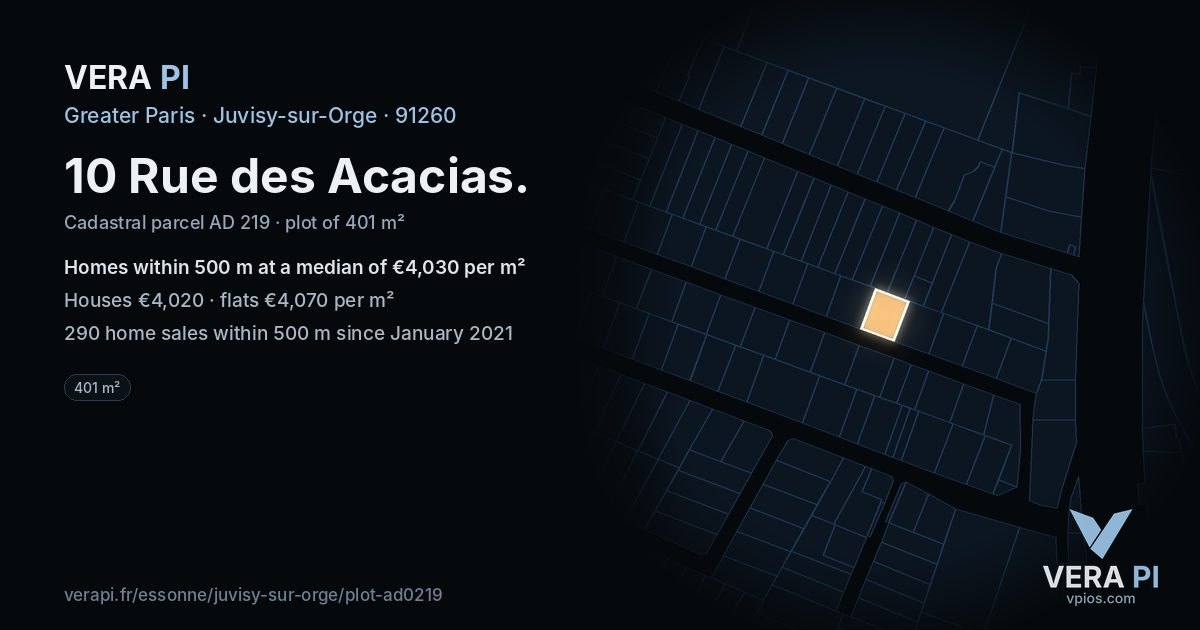 10 Rue des Acacias, Juvisy-sur-Orge at night – the plot lit, the parcels around coloured by the prices near them