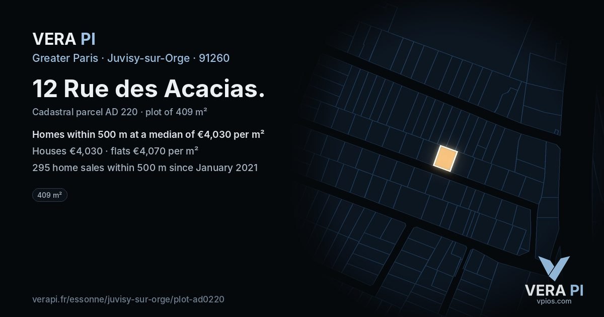 12 Rue des Acacias, Juvisy-sur-Orge at night – the plot lit, the parcels around coloured by the prices near them