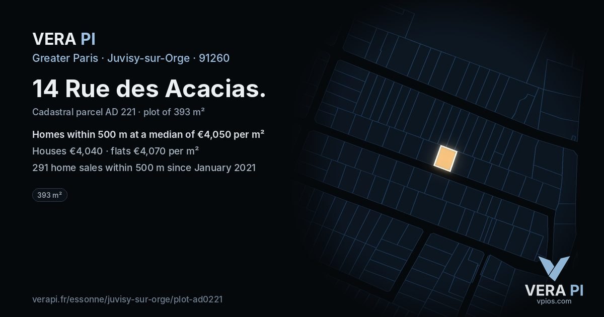 14 Rue des Acacias, Juvisy-sur-Orge at night – the plot lit, the parcels around coloured by the prices near them