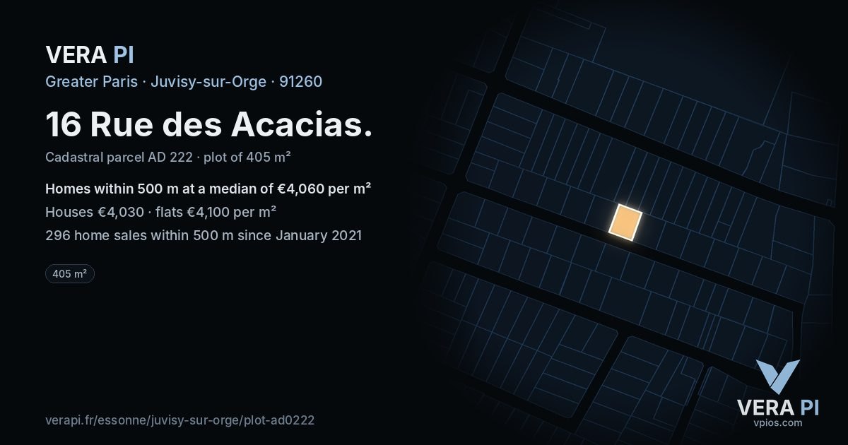 16 Rue des Acacias, Juvisy-sur-Orge at night – the plot lit, the parcels around coloured by the prices near them
