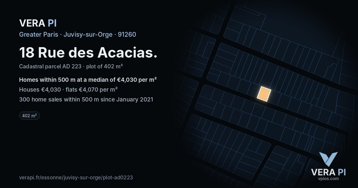 18 Rue des Acacias, Juvisy-sur-Orge at night – the plot lit, the parcels around coloured by the prices near them