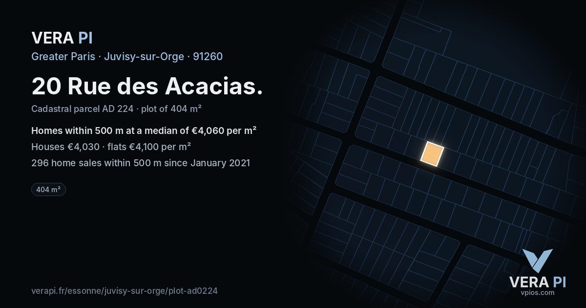 20 Rue des Acacias, Juvisy-sur-Orge at night – the plot lit, the parcels around coloured by the prices near them