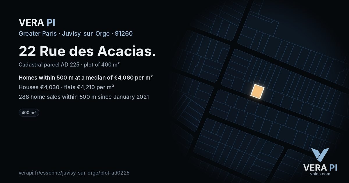 22 Rue des Acacias, Juvisy-sur-Orge at night – the plot lit, the parcels around coloured by the prices near them