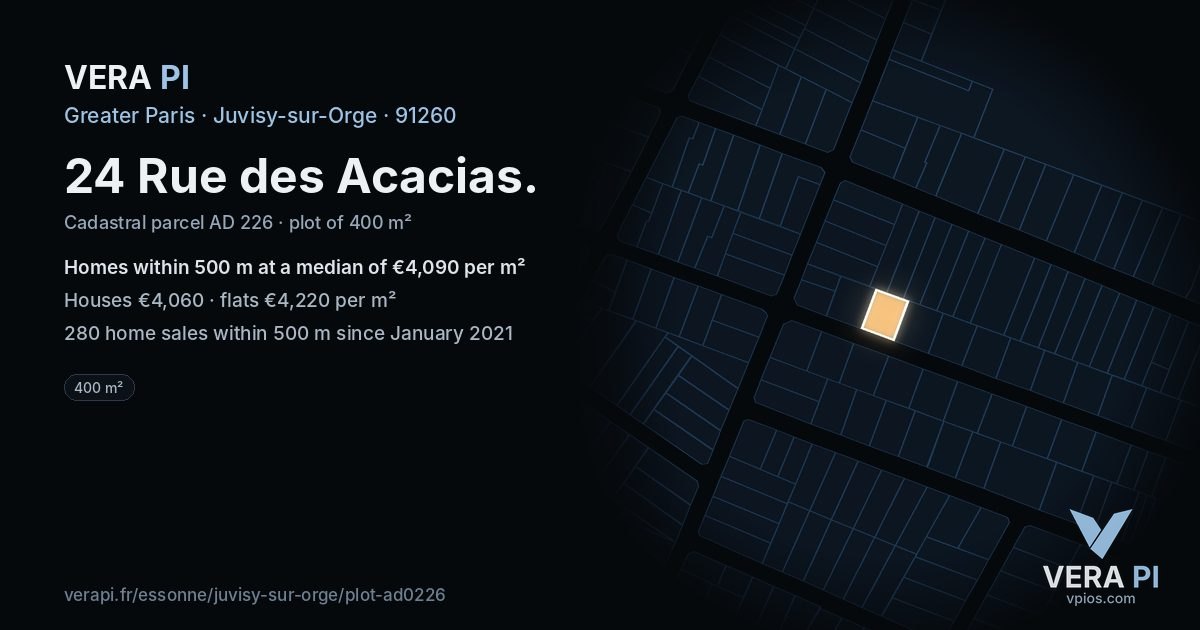 24 Rue des Acacias, Juvisy-sur-Orge at night – the plot lit, the parcels around coloured by the prices near them