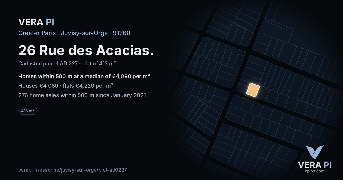26 Rue des Acacias, Juvisy-sur-Orge at night – the plot lit, the parcels around coloured by the prices near them