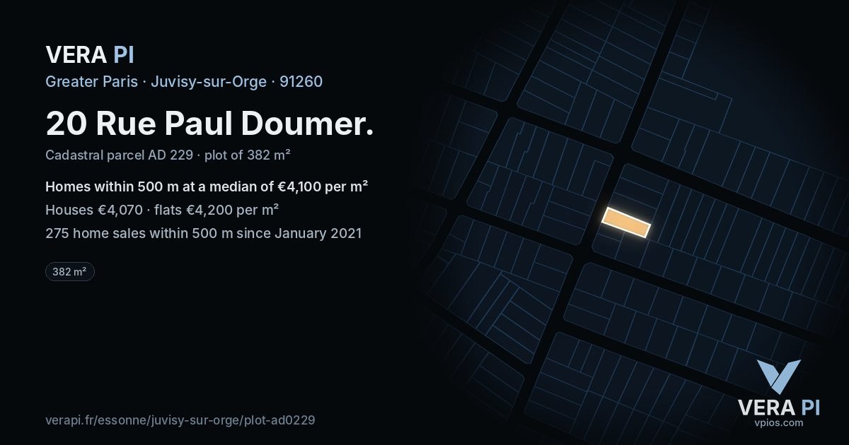 20 Rue Paul Doumer, Juvisy-sur-Orge at night – the plot lit, the parcels around coloured by the prices near them