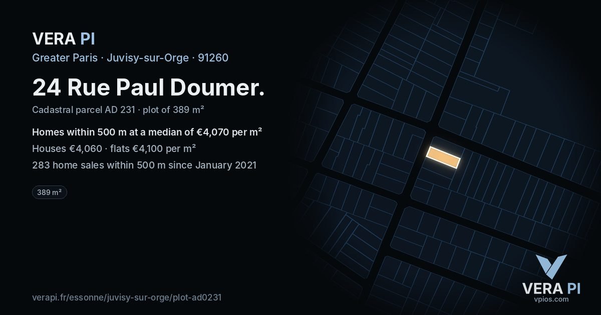 24 Rue Paul Doumer, Juvisy-sur-Orge at night – the plot lit, the parcels around coloured by the prices near them