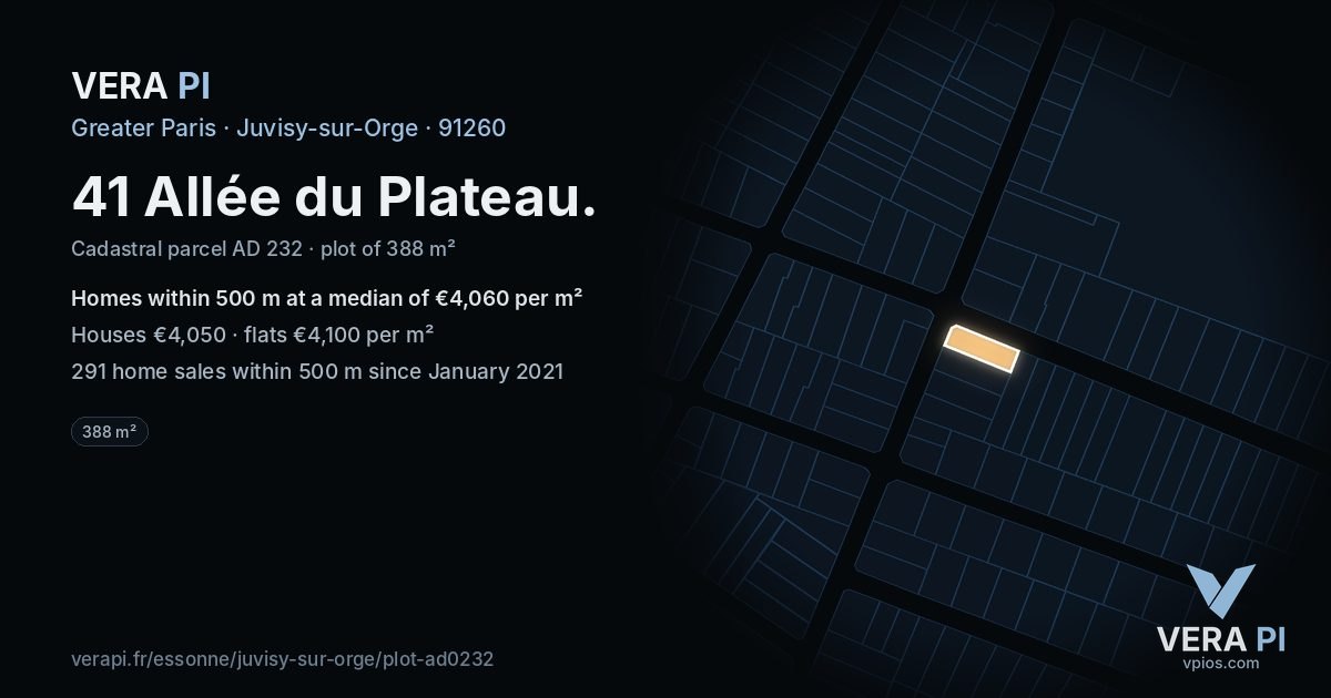 41 Allée du Plateau, Juvisy-sur-Orge at night – the plot lit, the parcels around coloured by the prices near them