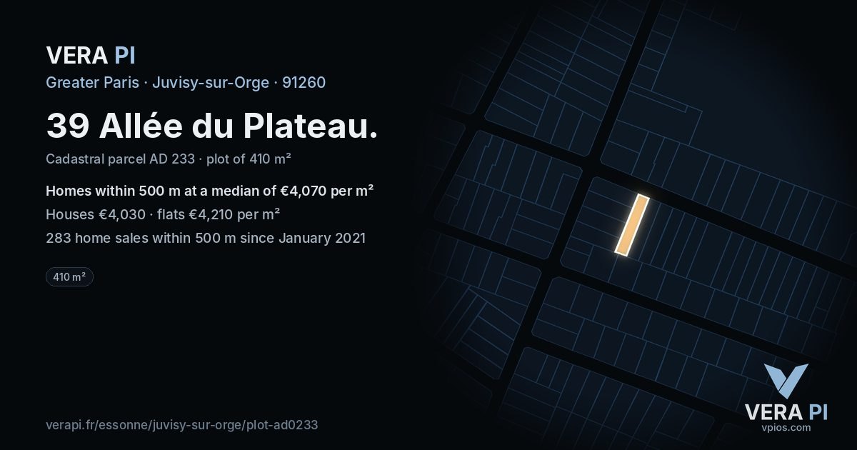 39 Allée du Plateau, Juvisy-sur-Orge at night – the plot lit, the parcels around coloured by the prices near them