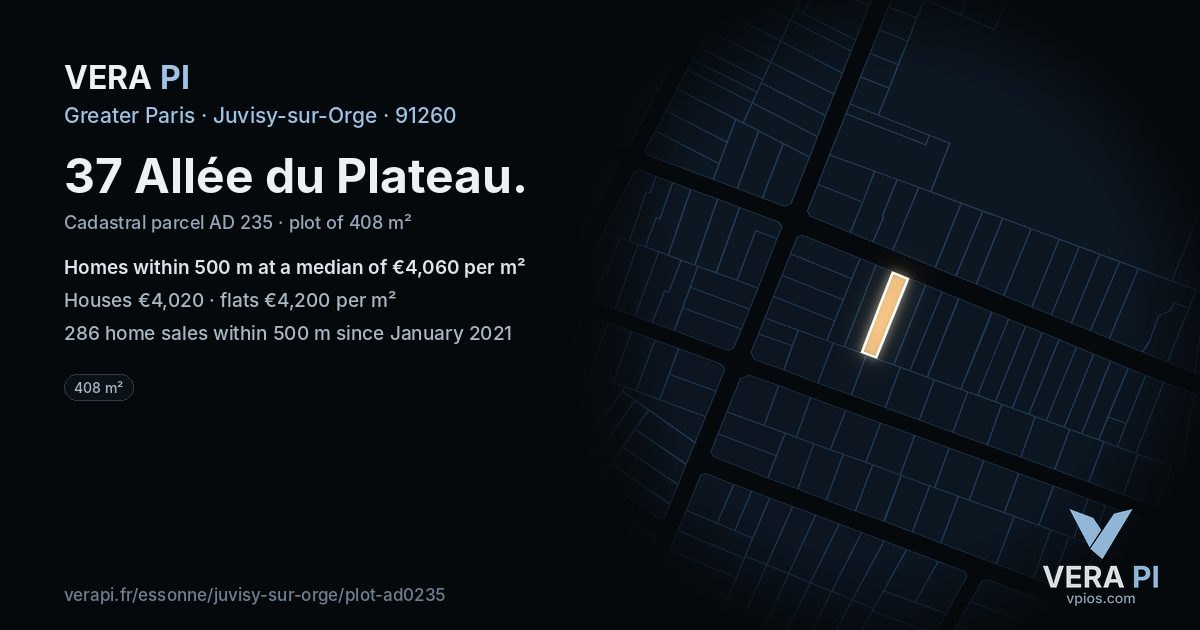 37 Allée du Plateau, Juvisy-sur-Orge at night – the plot lit, the parcels around coloured by the prices near them