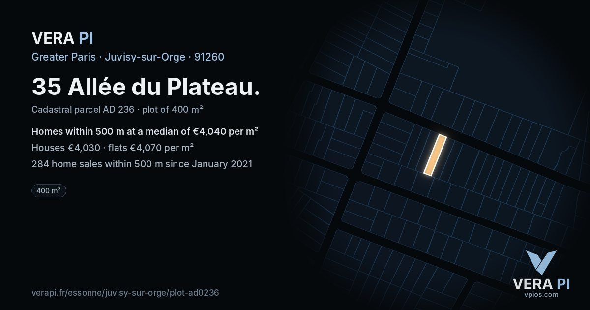 35 Allée du Plateau, Juvisy-sur-Orge at night – the plot lit, the parcels around coloured by the prices near them