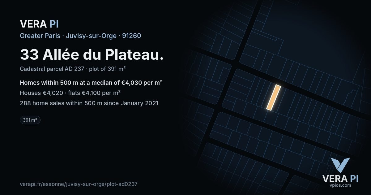 33 Allée du Plateau, Juvisy-sur-Orge at night – the plot lit, the parcels around coloured by the prices near them