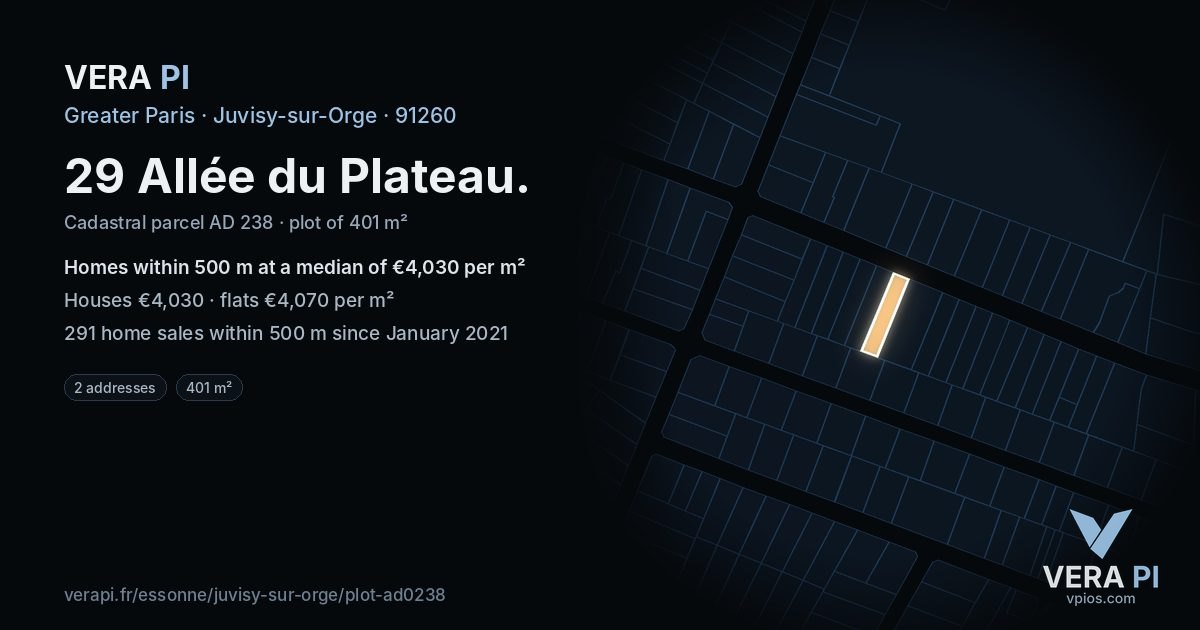 29 Allée du Plateau, Juvisy-sur-Orge at night – the plot lit, the parcels around coloured by the prices near them