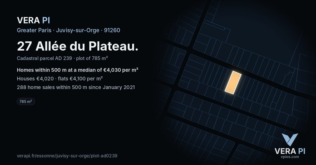 27 Allée du Plateau, Juvisy-sur-Orge at night – the plot lit, the parcels around coloured by the prices near them