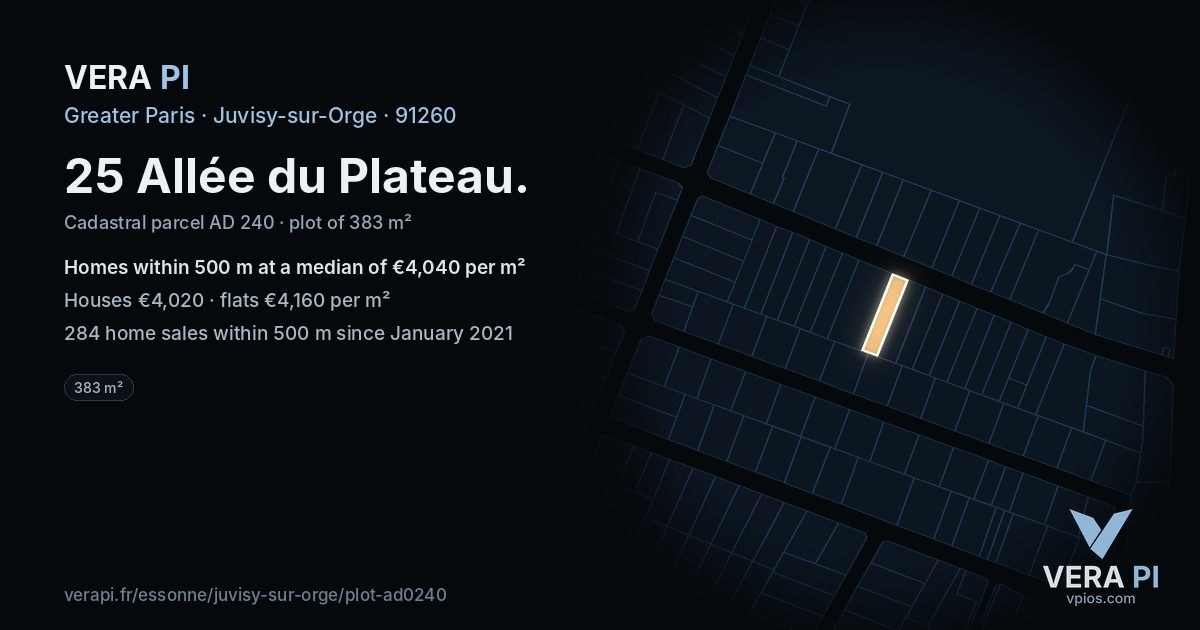 25 Allée du Plateau, Juvisy-sur-Orge at night – the plot lit, the parcels around coloured by the prices near them