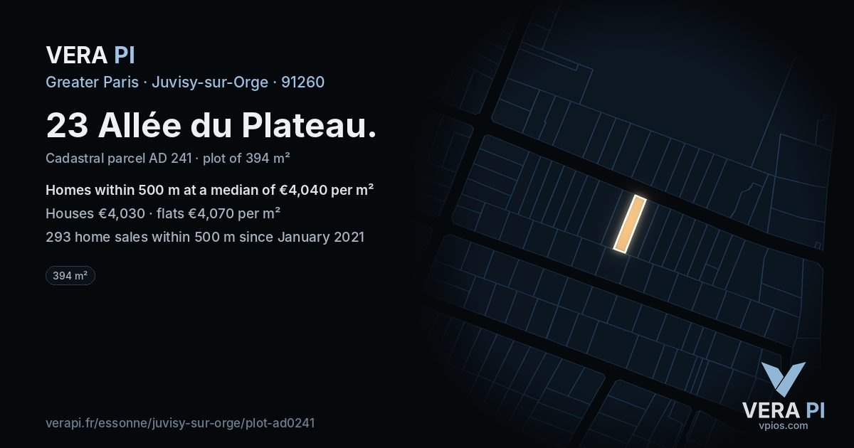 23 Allée du Plateau, Juvisy-sur-Orge at night – the plot lit, the parcels around coloured by the prices near them
