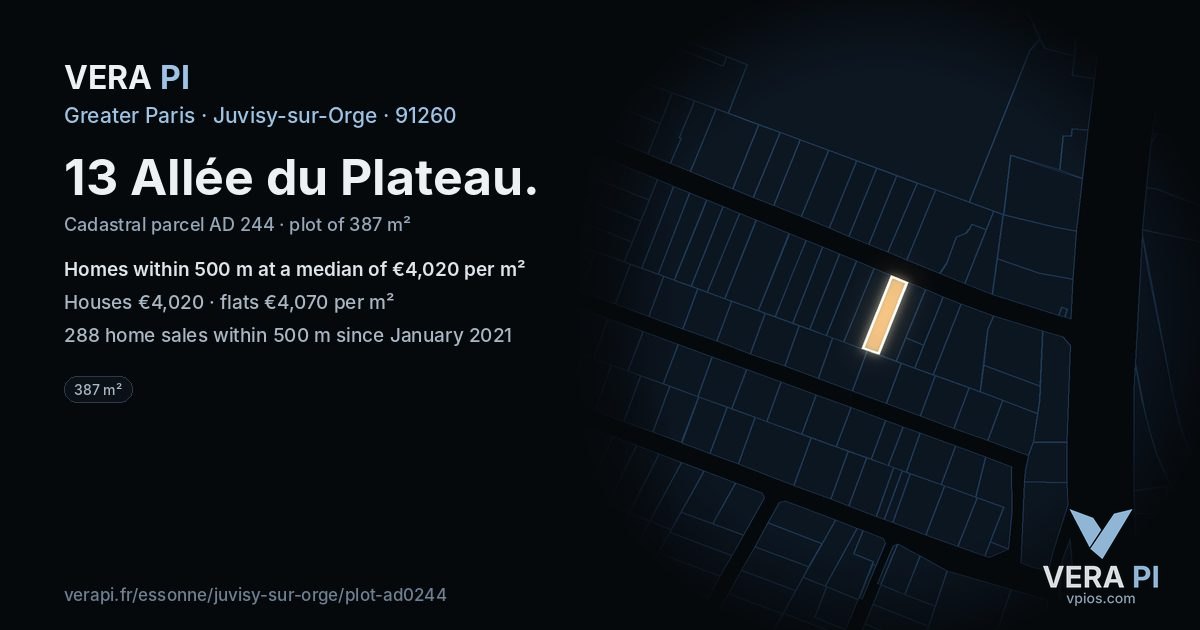13 Allée du Plateau, Juvisy-sur-Orge at night – the plot lit, the parcels around coloured by the prices near them