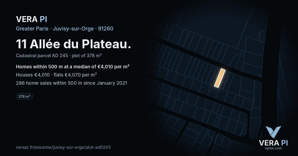 11 Allée du Plateau, Juvisy-sur-Orge at night – the plot lit, the parcels around coloured by the prices near them