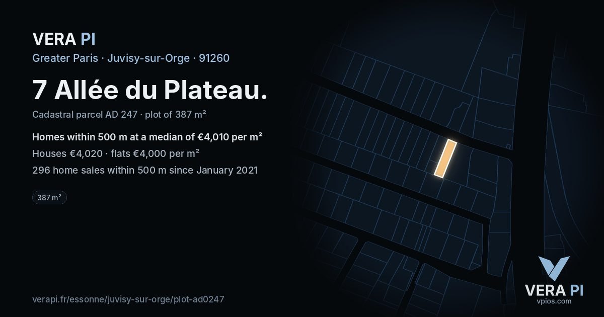 7 Allée du Plateau, Juvisy-sur-Orge at night – the plot lit, the parcels around coloured by the prices near them