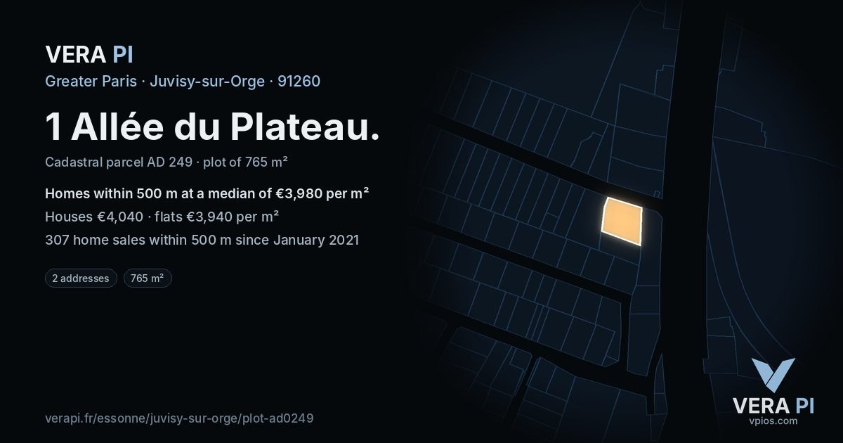 1 Allée du Plateau, Juvisy-sur-Orge at night – the plot lit, the parcels around coloured by the prices near them