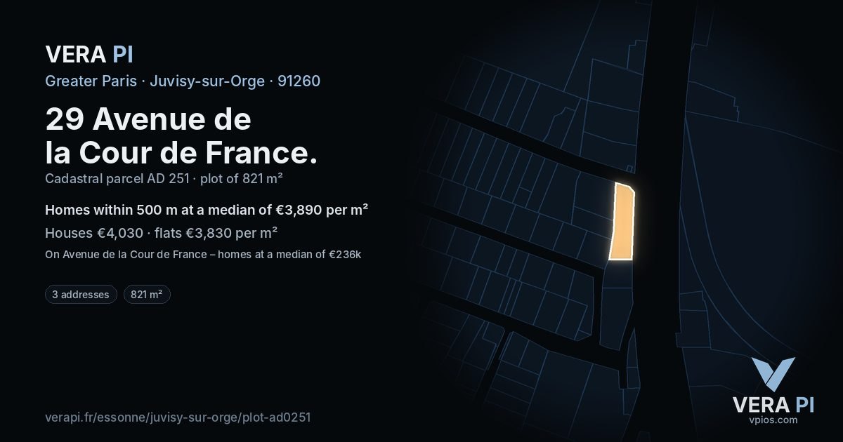 29 Avenue de la Cour de France, Juvisy-sur-Orge at night – the plot lit, the parcels around coloured by the prices near them