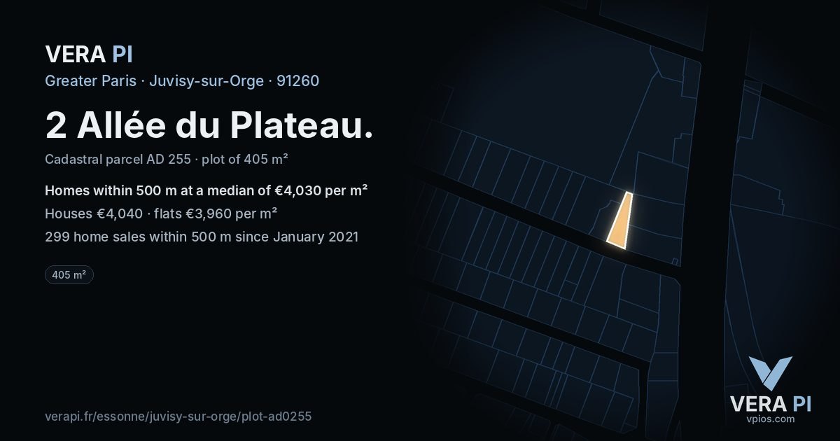 2 Allée du Plateau, Juvisy-sur-Orge at night – the plot lit, the parcels around coloured by the prices near them