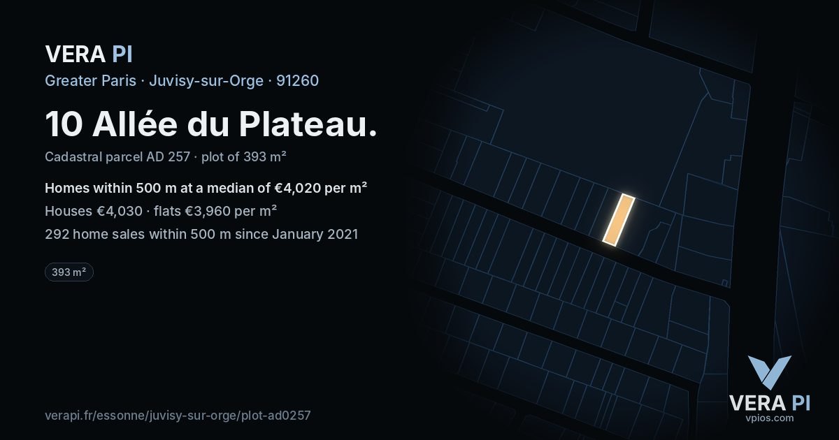 10 Allée du Plateau, Juvisy-sur-Orge at night – the plot lit, the parcels around coloured by the prices near them