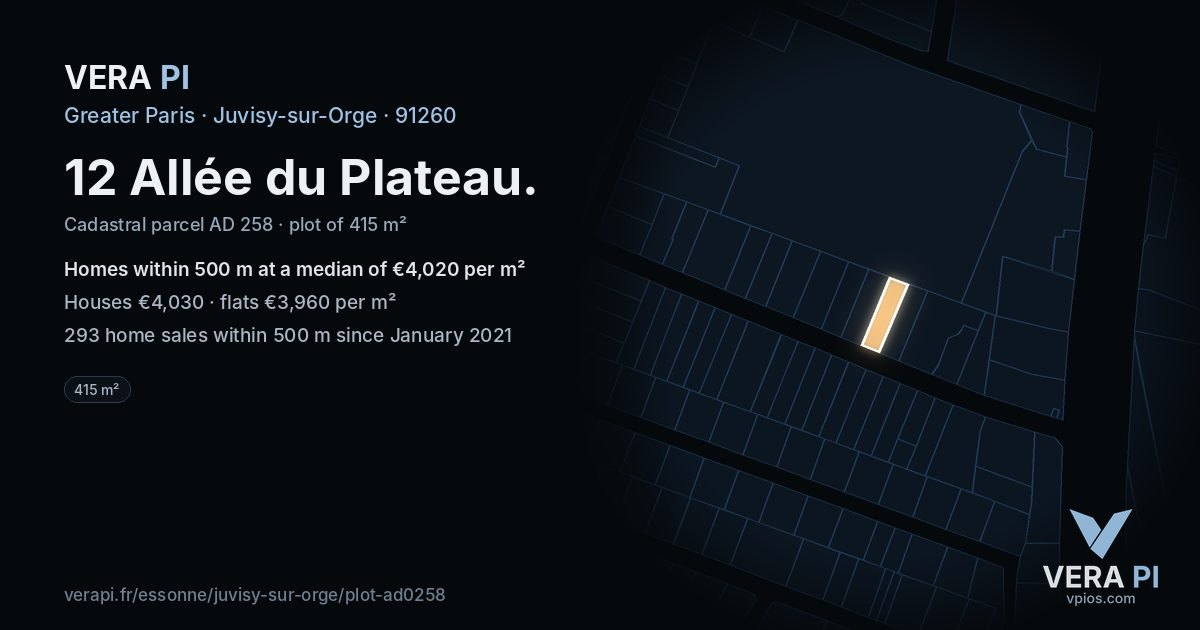 12 Allée du Plateau, Juvisy-sur-Orge at night – the plot lit, the parcels around coloured by the prices near them