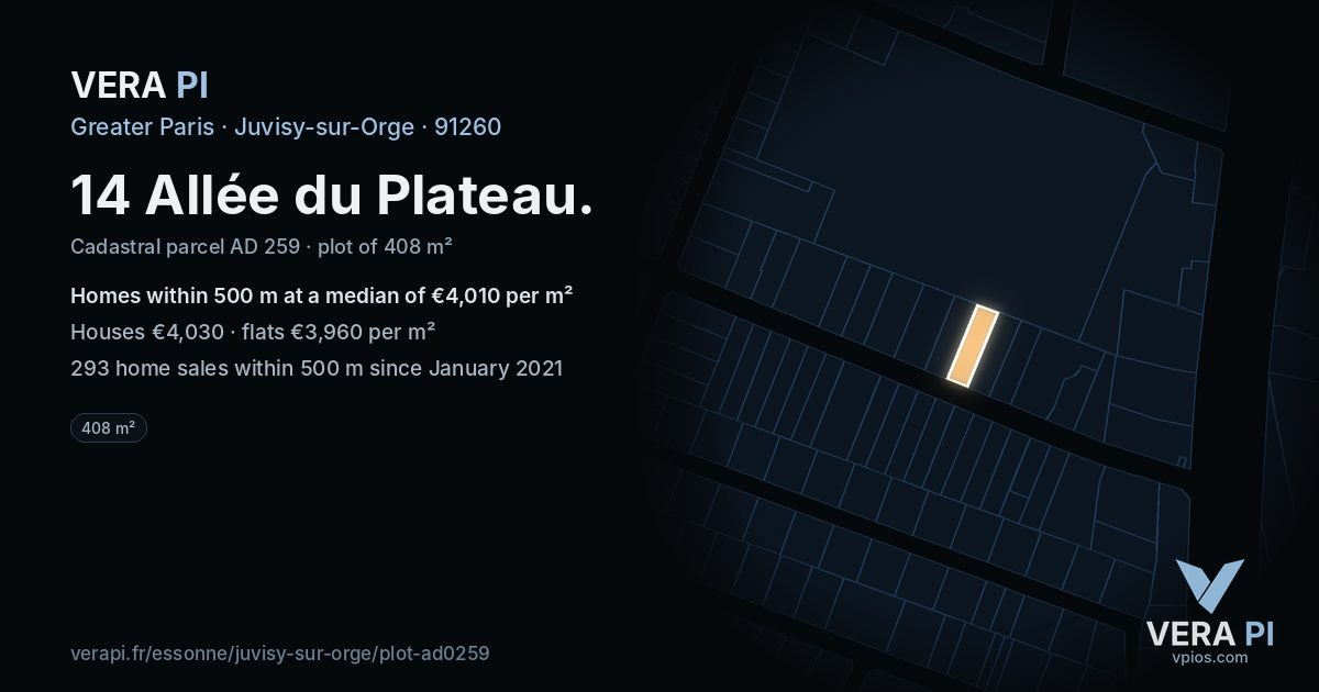 14 Allée du Plateau, Juvisy-sur-Orge at night – the plot lit, the parcels around coloured by the prices near them