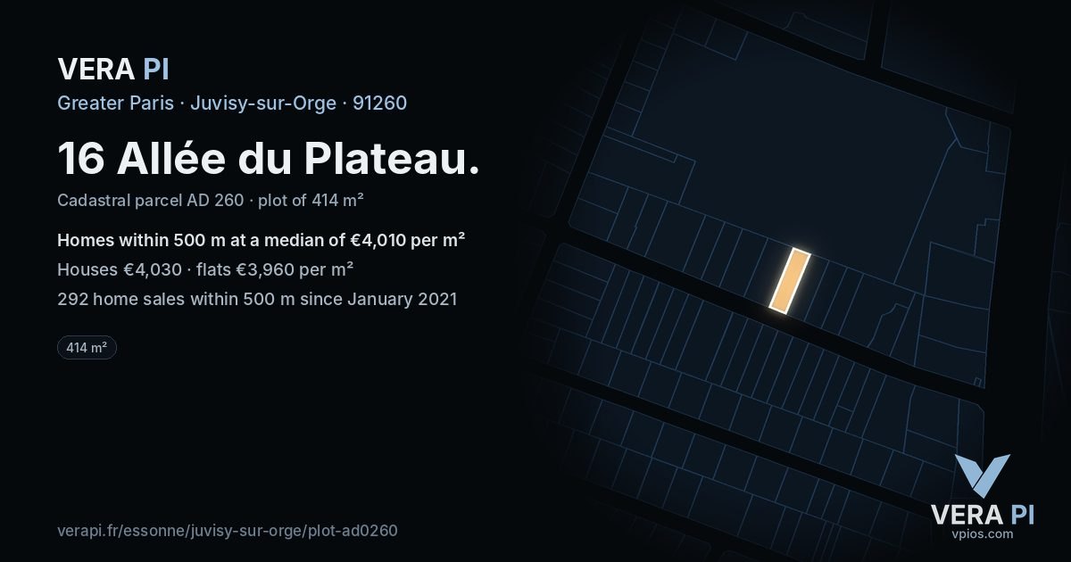16 Allée du Plateau, Juvisy-sur-Orge at night – the plot lit, the parcels around coloured by the prices near them