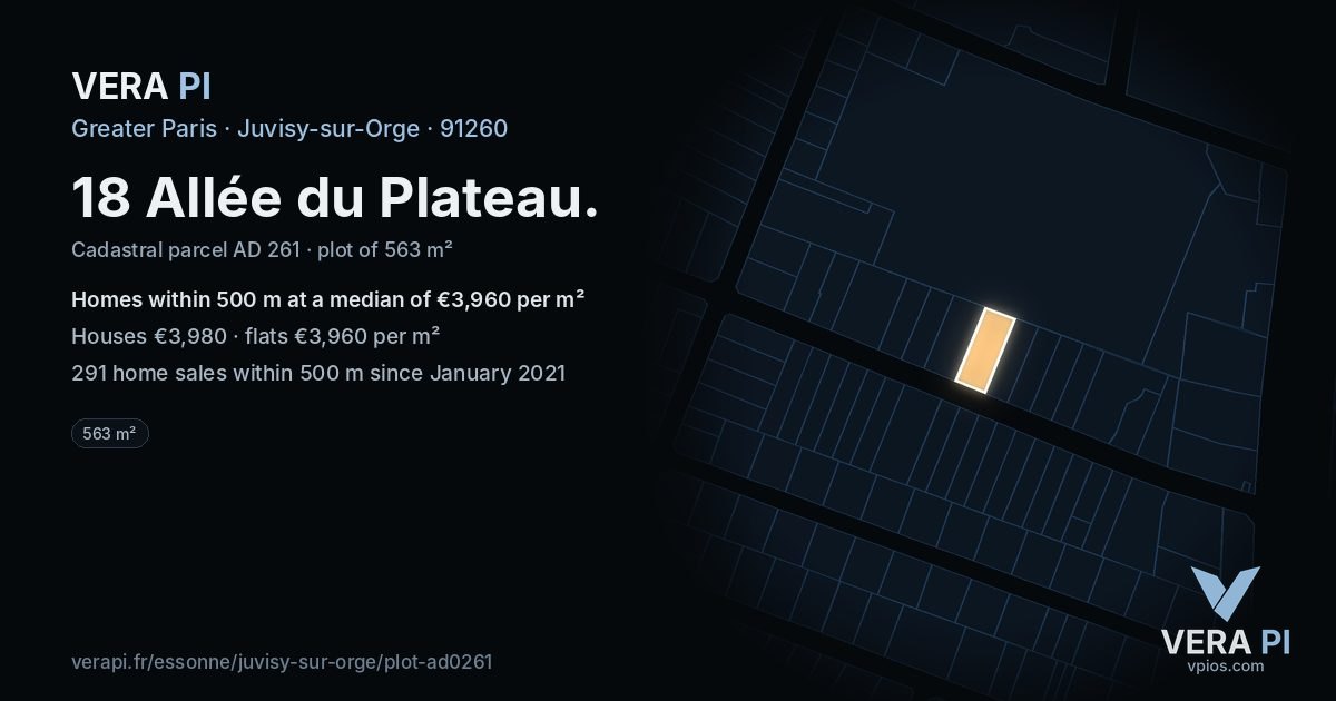 18 Allée du Plateau, Juvisy-sur-Orge at night – the plot lit, the parcels around coloured by the prices near them