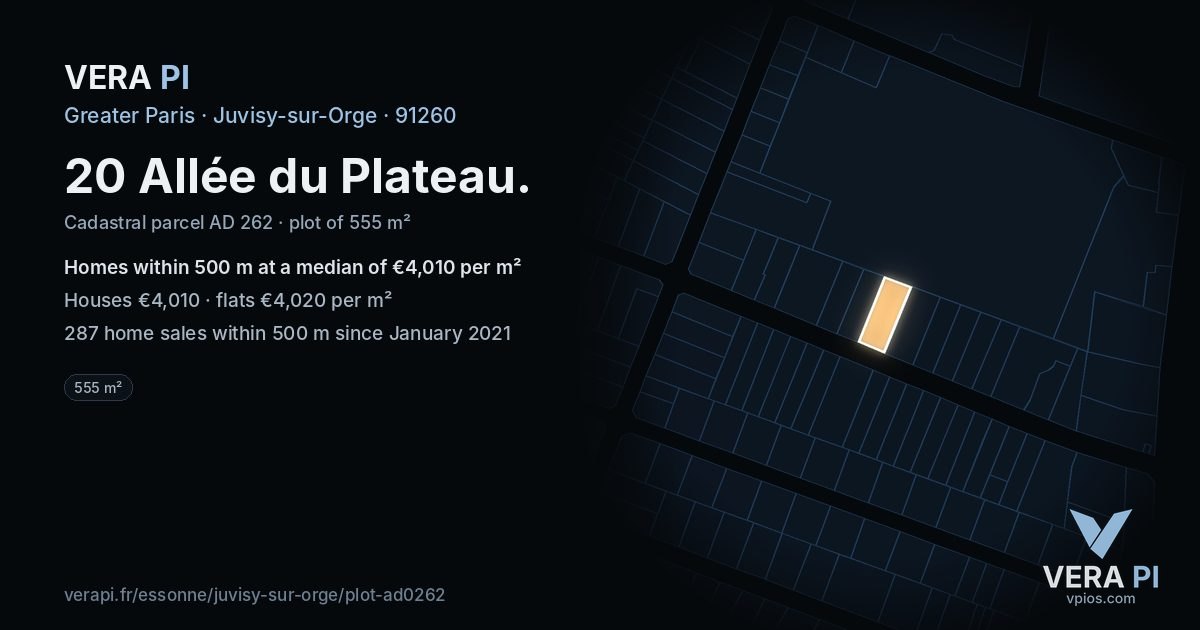 20 Allée du Plateau, Juvisy-sur-Orge at night – the plot lit, the parcels around coloured by the prices near them