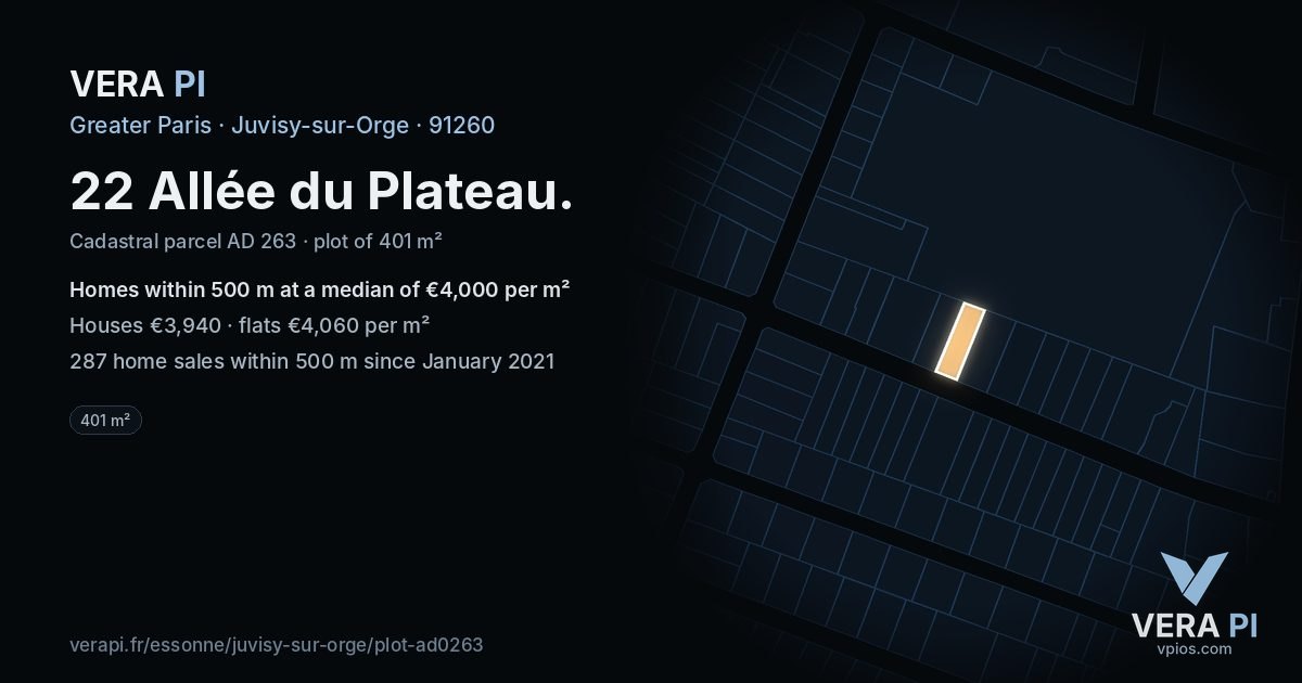 22 Allée du Plateau, Juvisy-sur-Orge at night – the plot lit, the parcels around coloured by the prices near them