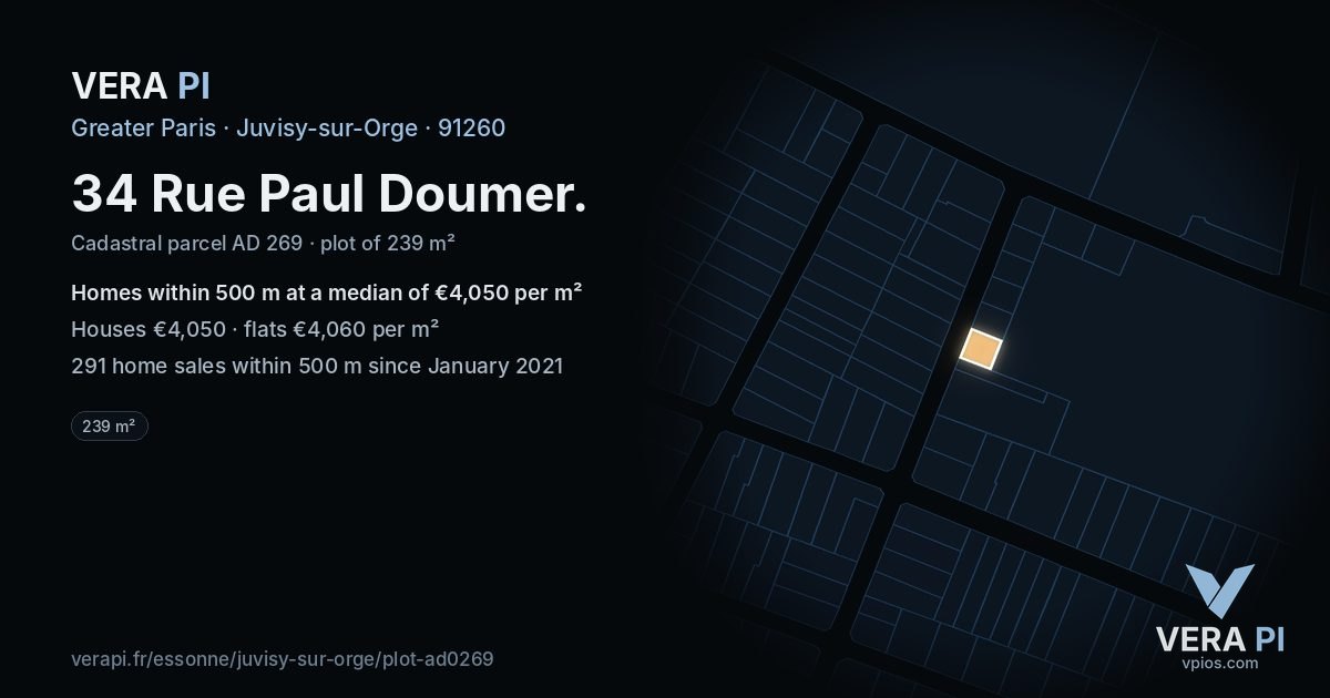 34 Rue Paul Doumer, Juvisy-sur-Orge at night – the plot lit, the parcels around coloured by the prices near them
