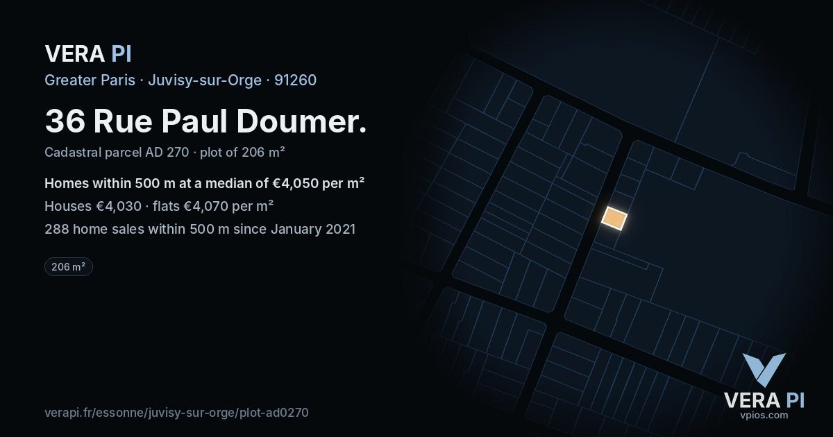 36 Rue Paul Doumer, Juvisy-sur-Orge at night – the plot lit, the parcels around coloured by the prices near them