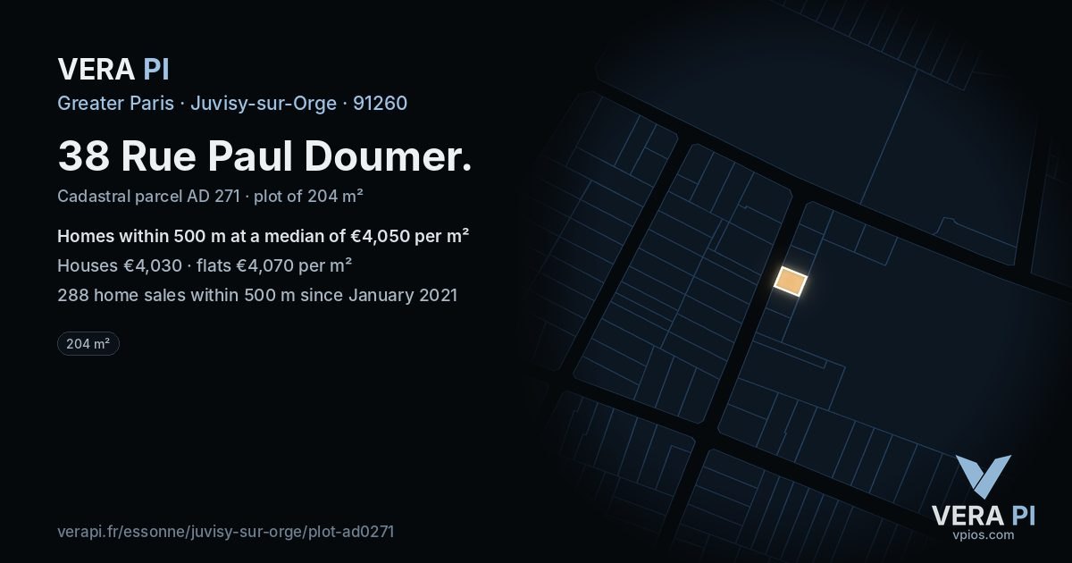 38 Rue Paul Doumer, Juvisy-sur-Orge at night – the plot lit, the parcels around coloured by the prices near them