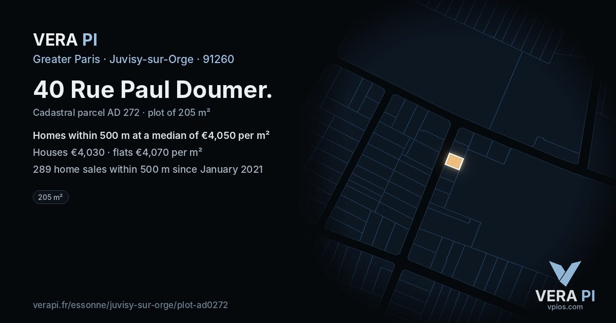 40 Rue Paul Doumer, Juvisy-sur-Orge at night – the plot lit, the parcels around coloured by the prices near them