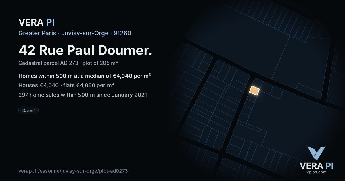 42 Rue Paul Doumer, Juvisy-sur-Orge at night – the plot lit, the parcels around coloured by the prices near them