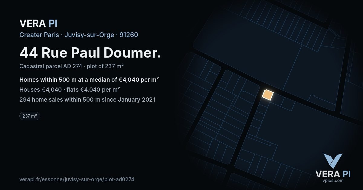 44 Rue Paul Doumer, Juvisy-sur-Orge at night – the plot lit, the parcels around coloured by the prices near them