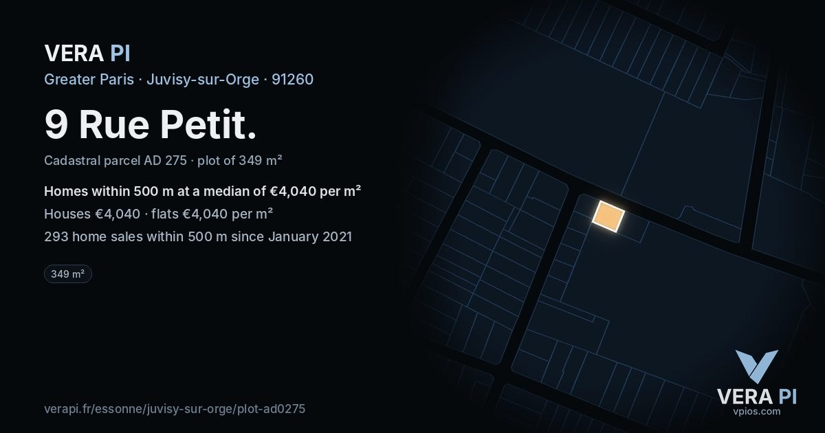 9 Rue Petit, Juvisy-sur-Orge at night – the plot lit, the parcels around coloured by the prices near them